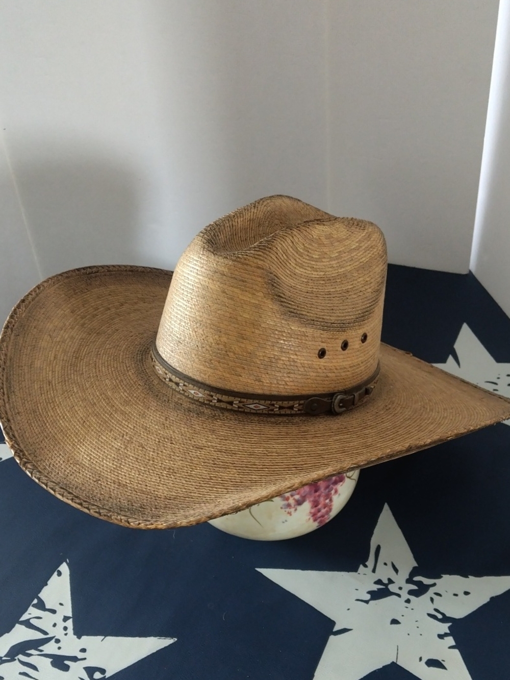 Justin Bent Rail Tan Straw Western Hat with Patterned Brown Band